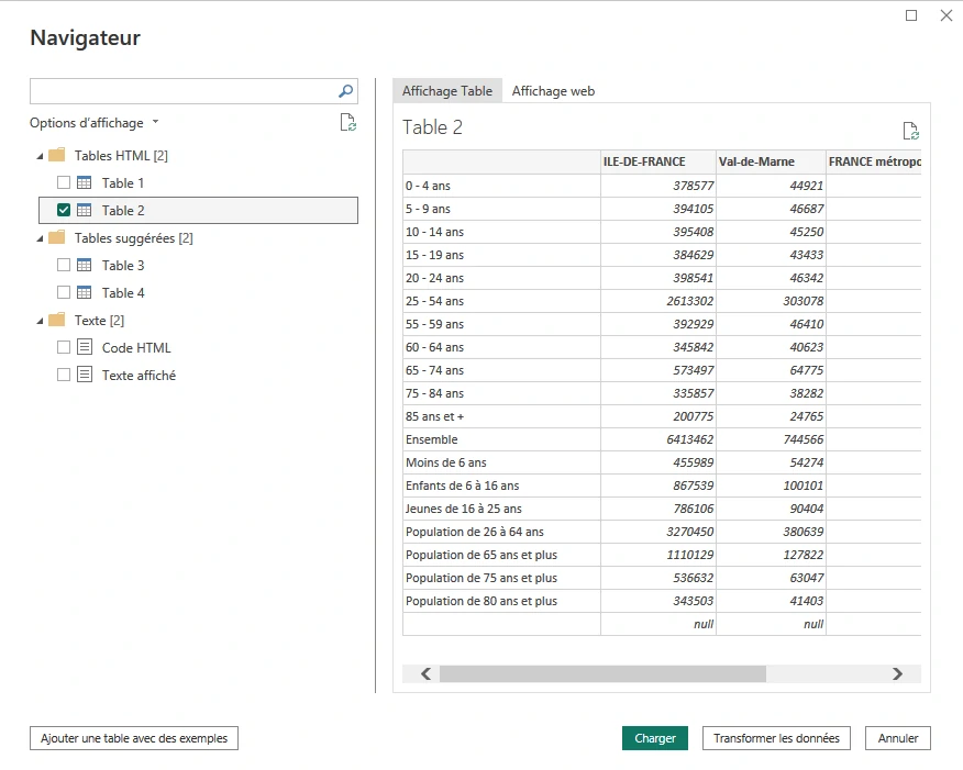 choix table importation web powerbi